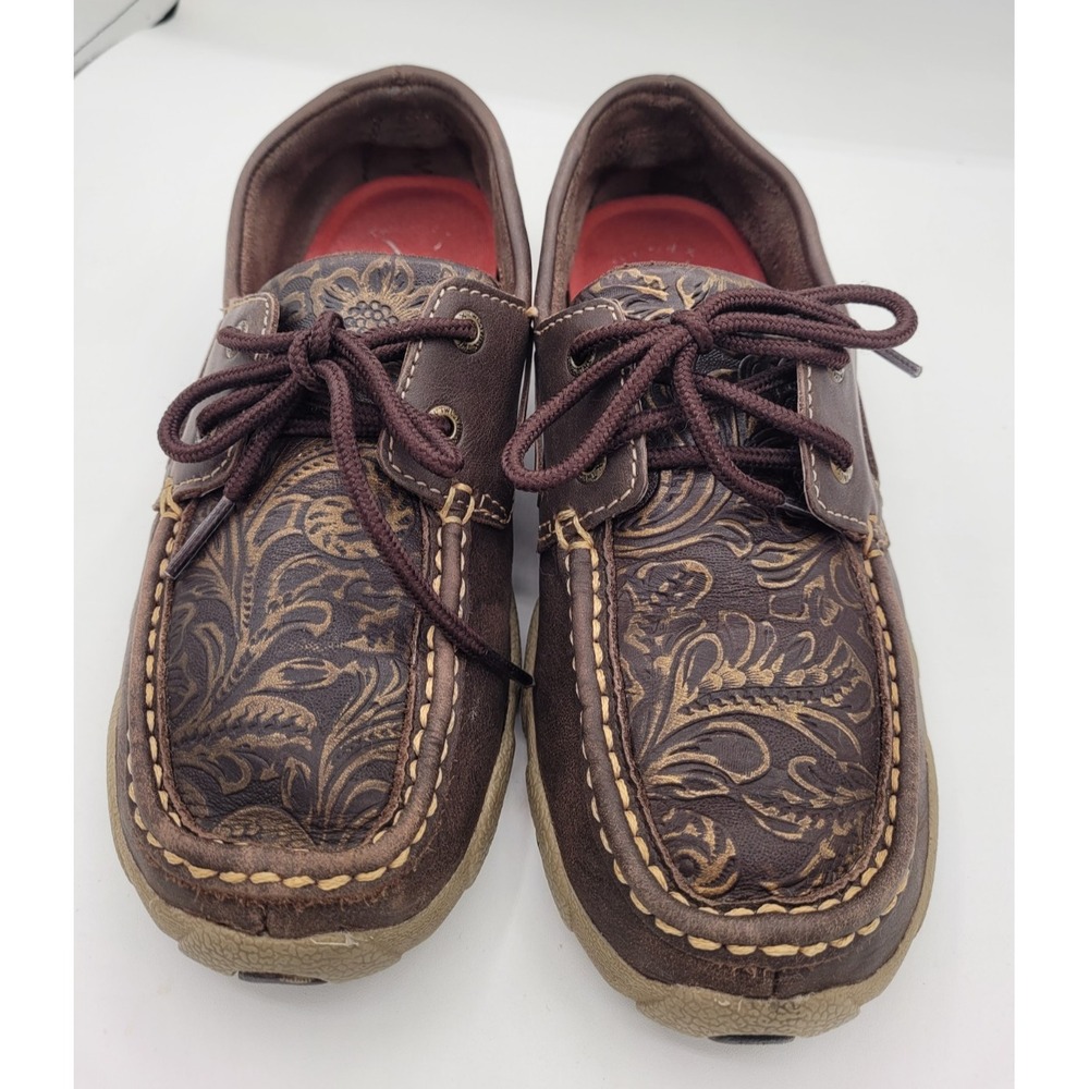 Twisted X Womens 6.5 Brown Tooled Leather Boat Shoes Lace Up Driving Mocs